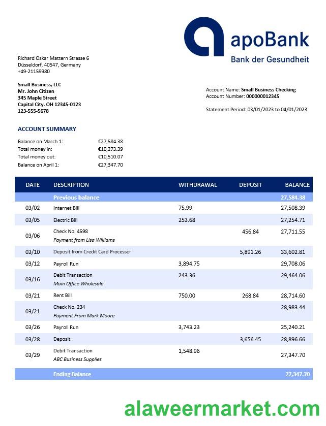 Apobank enterprise account statement Word and PDF template